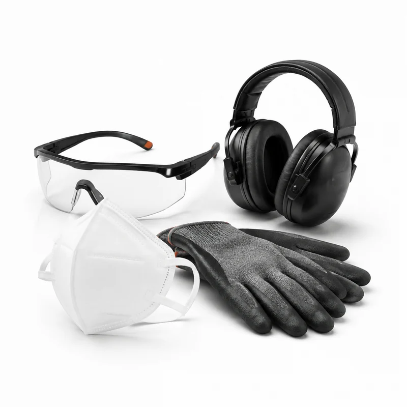 Arbeitsschutz mit Atemschutz, Schutzbrille, Handschuhen und Gehörschutz